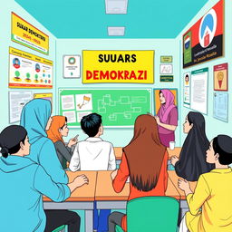 A vibrant illustration depicting the profile of students from SMK Bina Sejahtera 2 Kota Bogor for the academic year 2024/2025, centered around the theme of 'Suara Demokrasi'