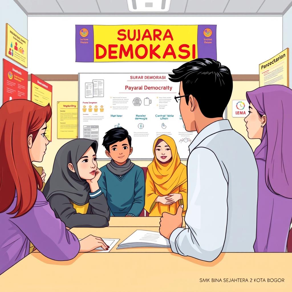 A vibrant illustration depicting the profile of students from SMK Bina Sejahtera 2 Kota Bogor for the academic year 2024/2025, centered around the theme of 'Suara Demokrasi'