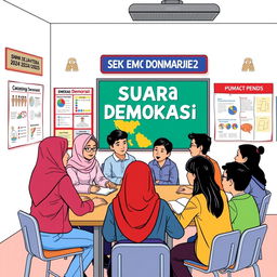 A vibrant illustration depicting the profile of students from SMK Bina Sejahtera 2 Kota Bogor for the academic year 2024/2025, centered around the theme of 'Suara Demokrasi'