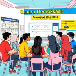 A vibrant illustration depicting the profile of students from SMK Bina Sejahtera 2 Kota Bogor for the academic year 2024/2025, centered around the theme of 'Suara Demokrasi'