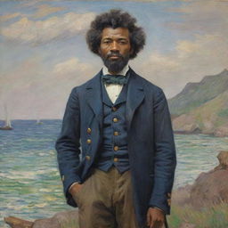 An image of a 20-year-old Frederick Douglass as a sailor, standing proudly on land, rendered in Claude Monet's impressionistic style. The vibrant landscape frames him, the quick brush strokes embodying his eagerness for exploration.