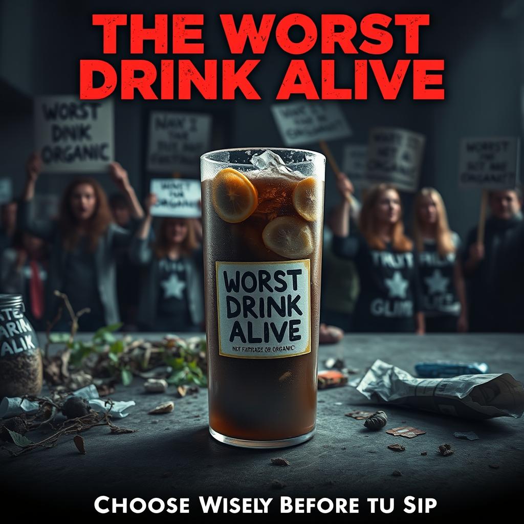 A compelling movie poster depicting a fictional drink titled 'The Worst Drink Alive' prominently featuring a label that reads 'Not Fairtrade or Organic'