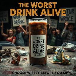 A compelling movie poster depicting a fictional drink titled 'The Worst Drink Alive' prominently featuring a label that reads 'Not Fairtrade or Organic'