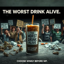 A compelling movie poster depicting a fictional drink titled 'The Worst Drink Alive' prominently featuring a label that reads 'Not Fairtrade or Organic'