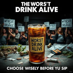 A compelling movie poster depicting a fictional drink titled 'The Worst Drink Alive' prominently featuring a label that reads 'Not Fairtrade or Organic'