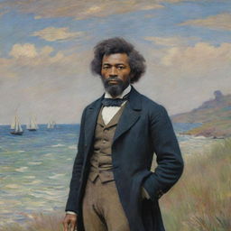 An image of a 20-year-old Frederick Douglass as a sailor, standing proudly on land, rendered in Claude Monet's impressionistic style. The vibrant landscape frames him, the quick brush strokes embodying his eagerness for exploration.