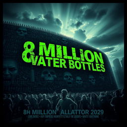 A chilling horror movie poster featuring a dystopian cityscape where 8 million discarded water bottles are overtaking the world