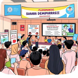 A dynamic scene representing the 'Suara Demokrasi' project at SMK Bina Sejahtera 2 Bogor for the academic year 2024/2025