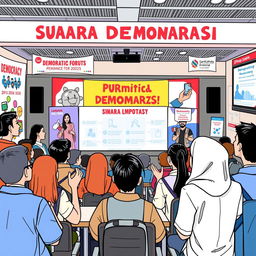 A dynamic scene representing the 'Suara Demokrasi' project at SMK Bina Sejahtera 2 Bogor for the academic year 2024/2025