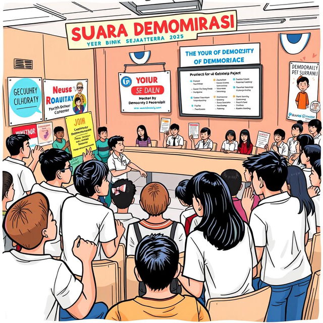 A dynamic scene representing the 'Suara Demokrasi' project at SMK Bina Sejahtera 2 Bogor for the academic year 2024/2025