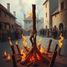 A vivid and dramatic illustration of a historical execution scene featuring a person tied to a wooden stake, surrounded by flickering flames