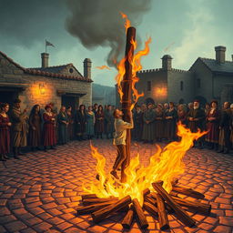 A vivid and dramatic illustration of a historical execution scene featuring a person tied to a wooden stake, surrounded by flickering flames