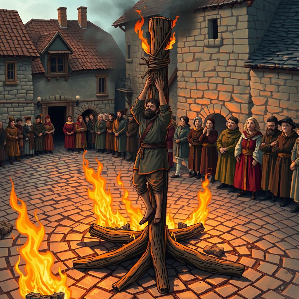 A vivid and dramatic illustration of a historical execution scene featuring a person tied to a wooden stake, surrounded by flickering flames