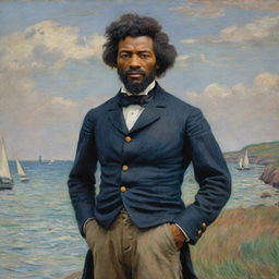 An image of a 20-year-old Frederick Douglass as a sailor, standing proudly on land, rendered in Claude Monet's impressionistic style. The vibrant landscape frames him, the quick brush strokes embodying his eagerness for exploration.