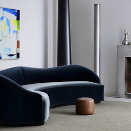 A comfortable living room with a navy blue velvet sofa, a grey velvet chair, an additional leather chair, and a sleek modern chimney.