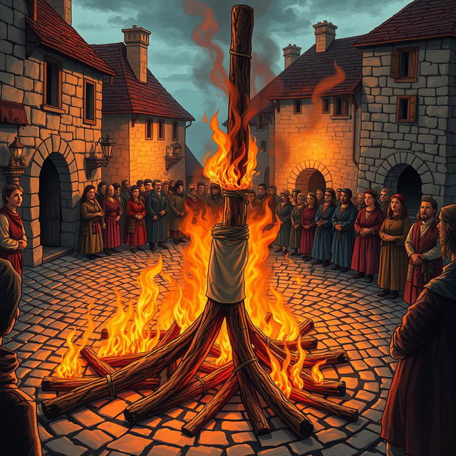 A vivid and dramatic illustration of a historical execution scene featuring a person tied to a wooden stake, surrounded by flickering flames