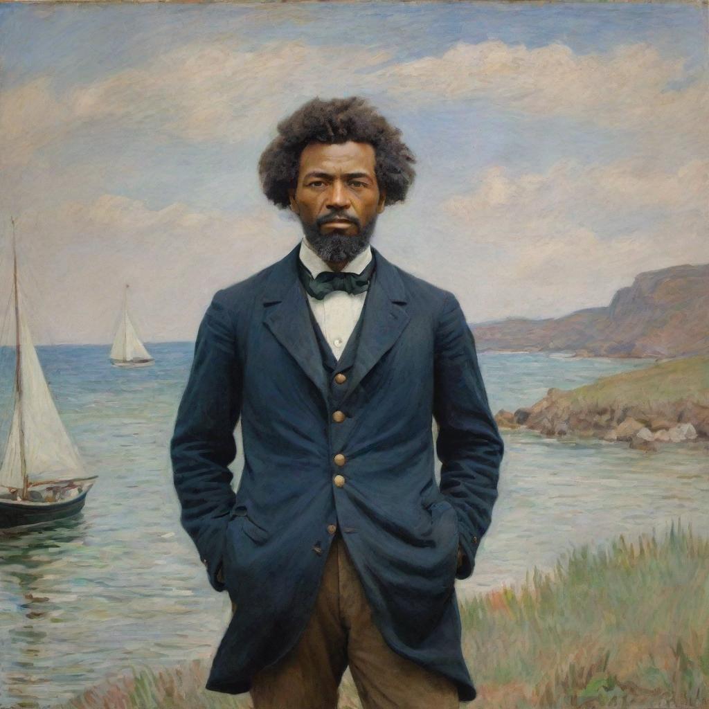 An image of a 20-year-old Frederick Douglass as a sailor, standing proudly on land, rendered in Claude Monet's impressionistic style. The vibrant landscape frames him, the quick brush strokes embodying his eagerness for exploration.