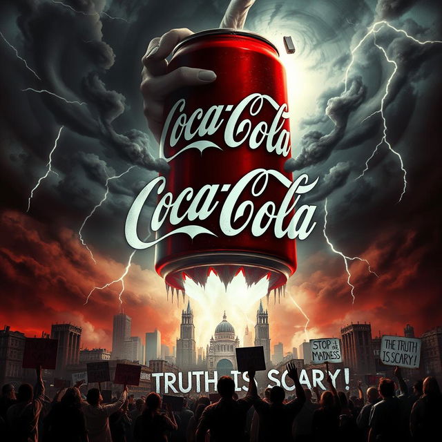 A striking horror movie poster that criticizes Coca-Cola, visually portraying the beverage as a sinister force