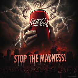 A striking horror movie poster that criticizes Coca-Cola, visually portraying the beverage as a sinister force