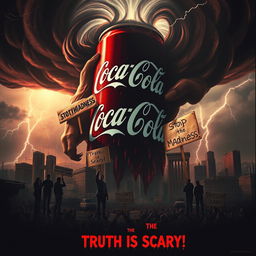 A striking horror movie poster that criticizes Coca-Cola, visually portraying the beverage as a sinister force