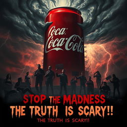 A striking horror movie poster that criticizes Coca-Cola, visually portraying the beverage as a sinister force