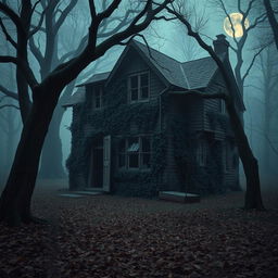 A hauntingly beautiful abandoned house set in a misty forest, showcasing its decaying charm with broken windows, overgrown ivy, and wooden doors slightly ajar