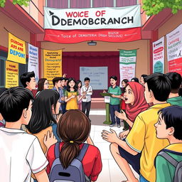 A vibrant scene capturing the 'Voice of Democracy' project at Bina Sejahtera High School in Bogor