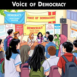 A vibrant scene capturing the 'Voice of Democracy' project at Bina Sejahtera High School in Bogor