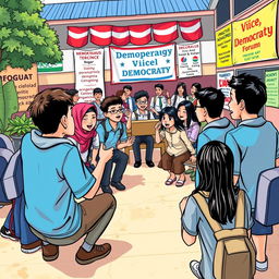 A vibrant scene capturing the 'Voice of Democracy' project at Bina Sejahtera High School in Bogor