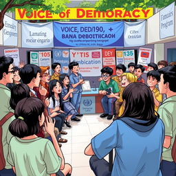 A vibrant scene capturing the 'Voice of Democracy' project at Bina Sejahtera High School in Bogor