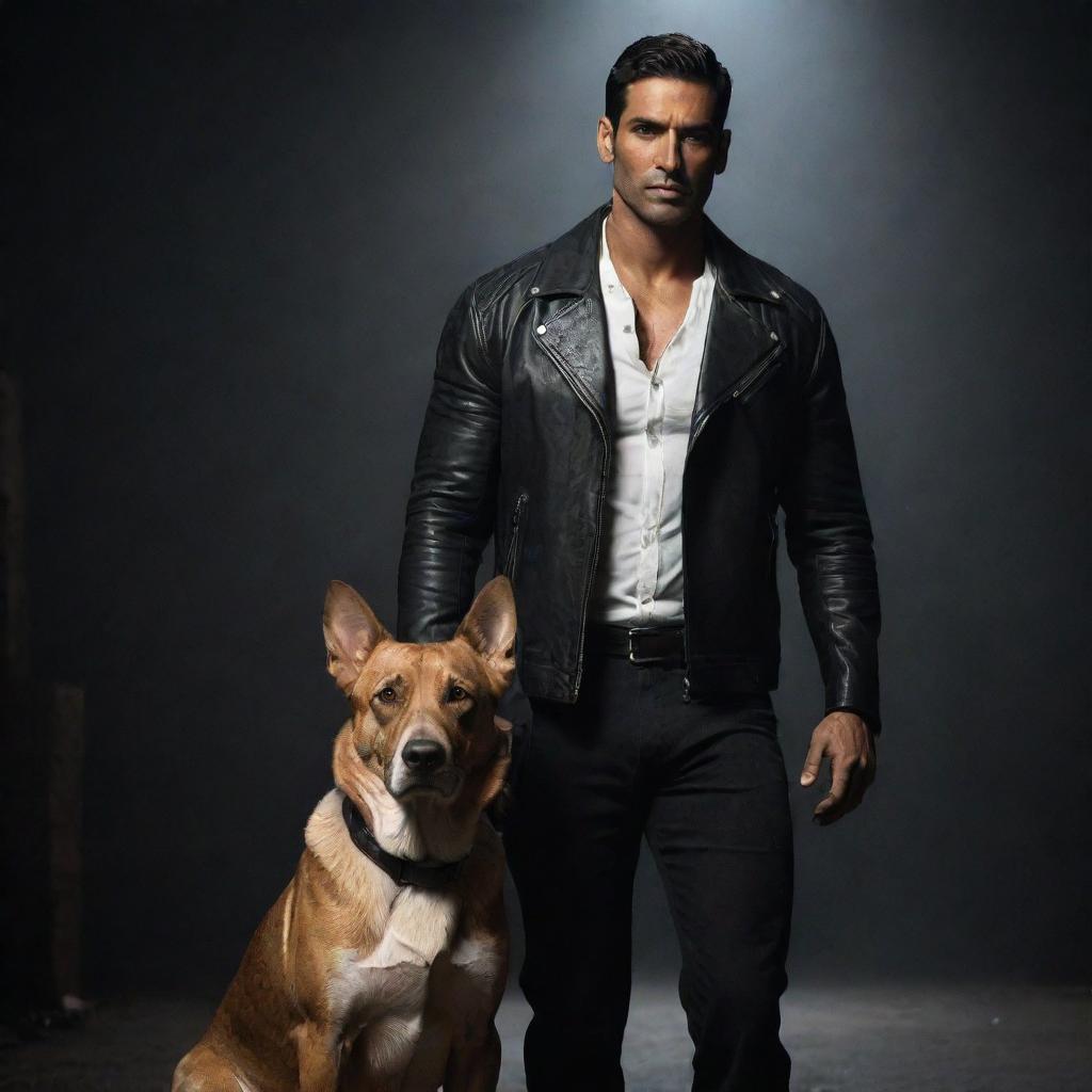 Return to the depiction of the muscular and tall Indian man in his unstained white shirt and black leather jacket, standing in a dark setting with the loyal Indian Pariah dog by his side.