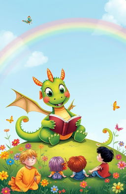 A whimsical illustration for a children's storybook featuring a cheerful, friendly dragon with bright green scales and big, sparkling eyes