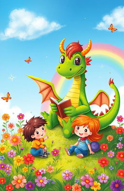 A whimsical illustration for a children's storybook featuring a cheerful, friendly dragon with bright green scales and big, sparkling eyes