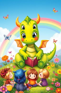 A whimsical illustration for a children's storybook featuring a cheerful, friendly dragon with bright green scales and big, sparkling eyes