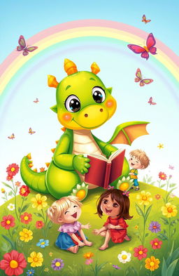 A whimsical illustration for a children's storybook featuring a cheerful, friendly dragon with bright green scales and big, sparkling eyes