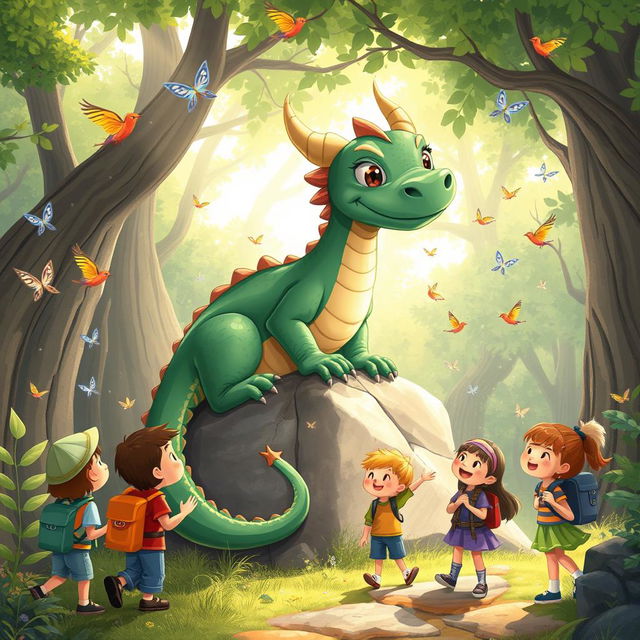 A charming illustration for a children's storybook featuring a friendly, medium-aged dragon with gentle features and rich emerald green scales