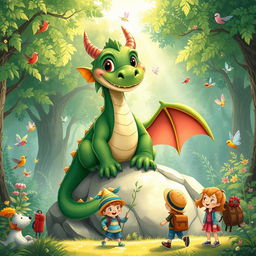 A charming illustration for a children's storybook featuring a friendly, medium-aged dragon with gentle features and rich emerald green scales