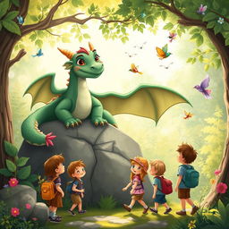 A charming illustration for a children's storybook featuring a friendly, medium-aged dragon with gentle features and rich emerald green scales