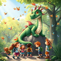 A charming illustration for a children's storybook featuring a friendly, medium-aged dragon with gentle features and rich emerald green scales