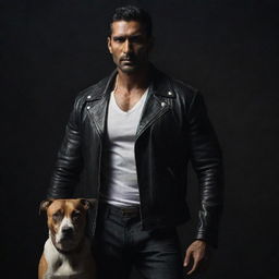 Return to the depiction of the muscular and tall Indian man in his unstained white shirt and black leather jacket, standing in a dark setting with the loyal Indian Pariah dog by his side.