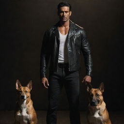 Return to the depiction of the muscular and tall Indian man in his unstained white shirt and black leather jacket, standing in a dark setting with the loyal Indian Pariah dog by his side.