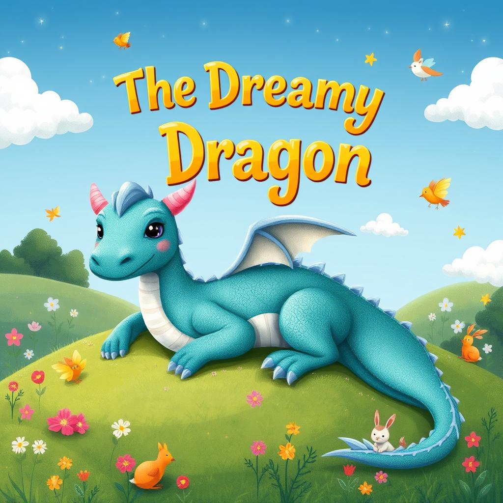 A delightful illustration for a children's storybook titled 'The Dreamy Dragon