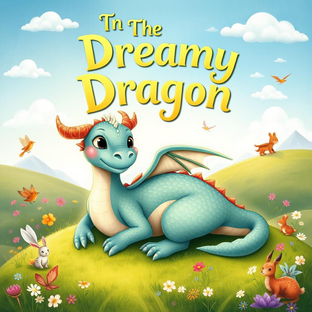 A delightful illustration for a children's storybook titled 'The Dreamy Dragon