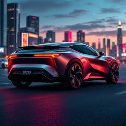 A stylized 2025 brave car, featuring a sleek, futuristic design with smooth curves, sharp angles, and an aggressive stance