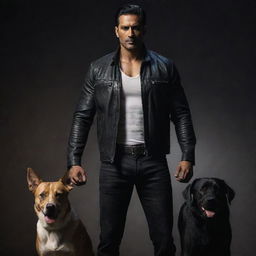 Return to the depiction of the muscular and tall Indian man in his unstained white shirt and black leather jacket, standing in a dark setting with the loyal Indian Pariah dog by his side.