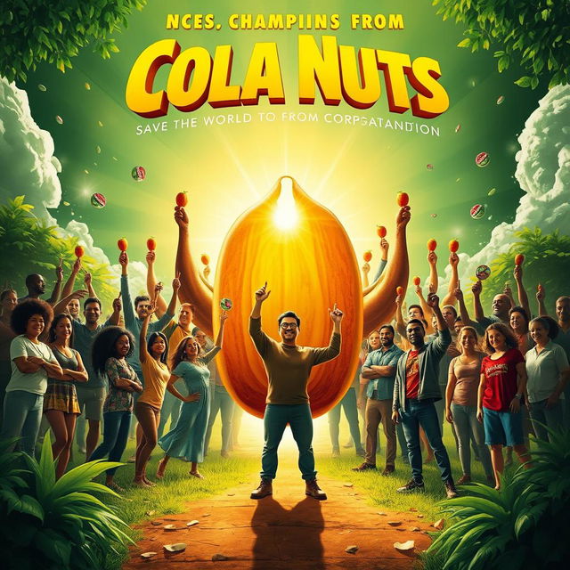 A vibrant and inspiring movie poster that highlights cola nuts as the champions saving the world from corporate domination