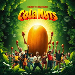 A vibrant and inspiring movie poster that highlights cola nuts as the champions saving the world from corporate domination