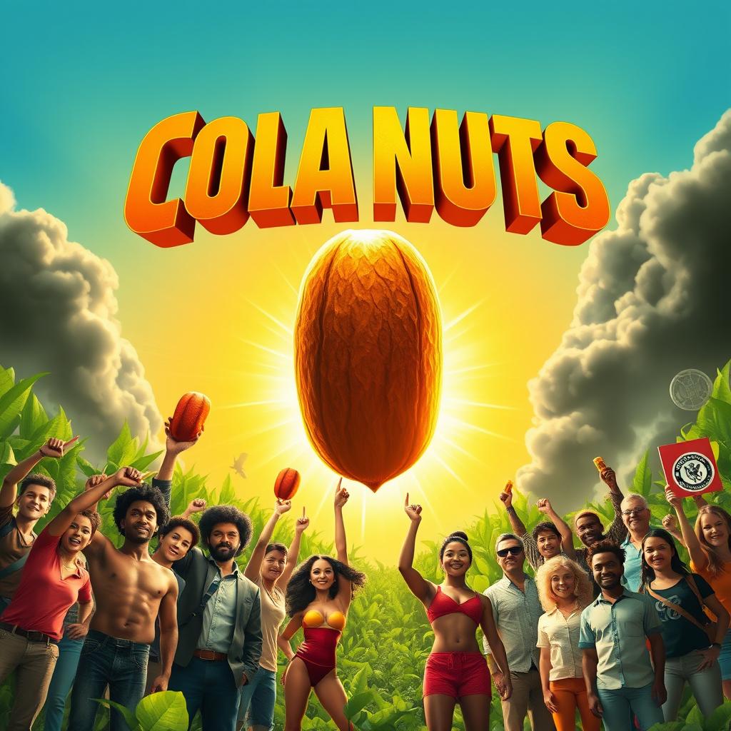 A vibrant and inspiring movie poster that highlights cola nuts as the champions saving the world from corporate domination