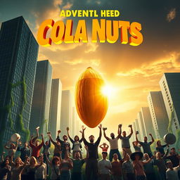 An exhilarating movie poster depicting cola nuts as the powerful heroes combating big evil corporations