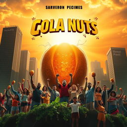 An exhilarating movie poster depicting cola nuts as the powerful heroes combating big evil corporations